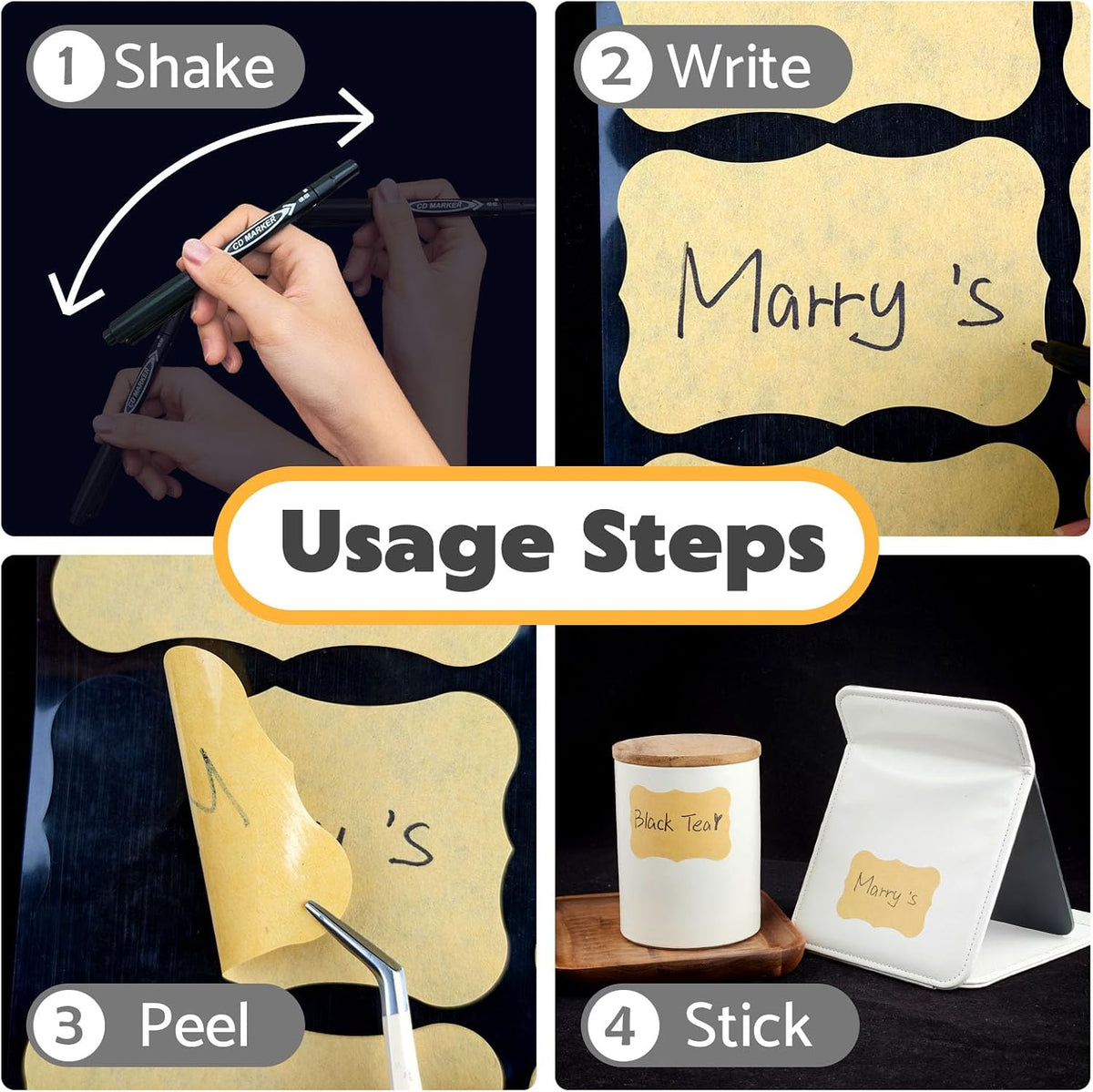 JIEHENG 180Pcs Chalkboard Labels for Jars,Removable Stickers with 1 Liquid Chalk Markers(Black, Wavy)
