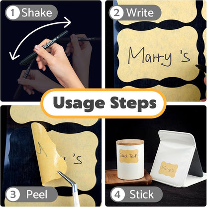 JIEHENG 180Pcs Chalkboard Labels for Jars,Removable Stickers with 1 Liquid Chalk Markers(Black, Wavy)