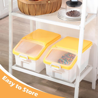 Sunnyray 4 Pcs Rice Storage Containers Bulk Flour Sugar Container Wheels Measuring Cups Set Airtight Pet Dog Cat Birds Food Bin Grain Cereal Organizer Box for Dry Baking (Beige,38 lb)