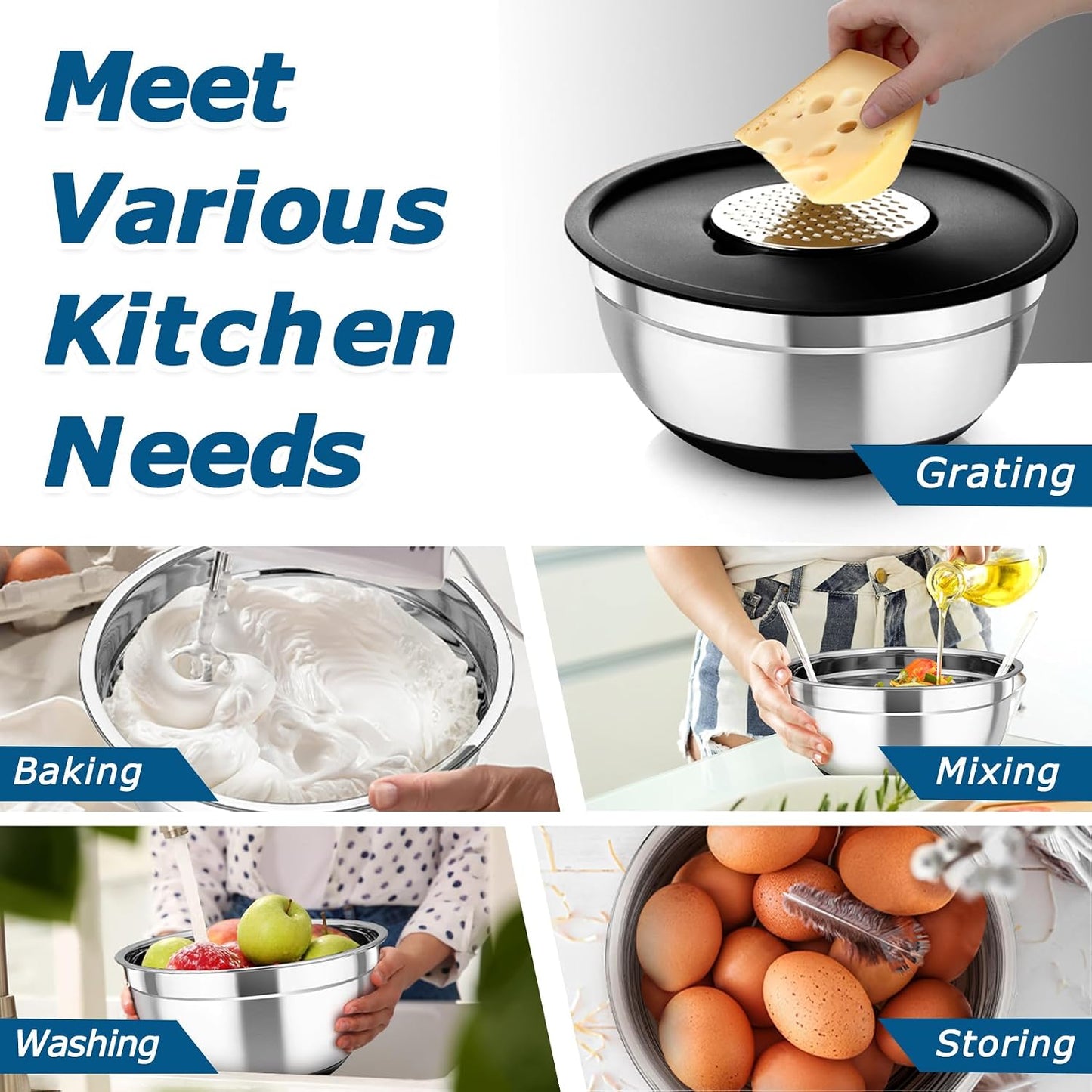 TeamFar Mixing Bowls, 5PCS Stainless Steel Nesting Salad Bowl with Lid & 3 Grater Attachments, for Prepping/Serving/Storing Food, Nontoxic, Airtight Lid & Non-slip Bottom - 4.6/3.5/2.5/1.5/1 QT