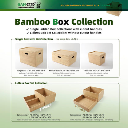 BAMOTTO CRAFTBAMBOO 2-Piece Large Bamboo Storage Box Set - 7.1in High Stackable Deep-Drawer Organizer, Lidless Bin for Kitchen Cutlery Utensils, Home & Office (14.6"x10.2"x7.1"+14.6"x10.2"x3.1")