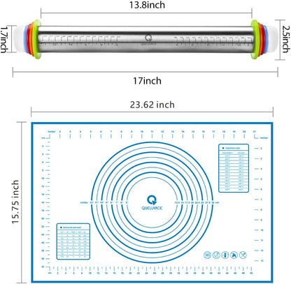 Stainless Steel Rolling Pin & Baking Mat Set with Adjustable Thickness Ring