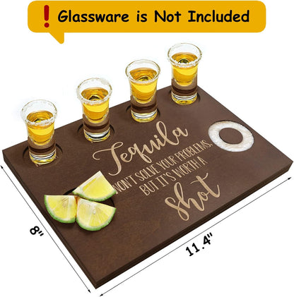 Tequila Gifts for Women and Men - Shot Board and Glass Holder Wooden Bar Tray with Salt Rim - for Liquor, Parties, Weddings, Housewarmings