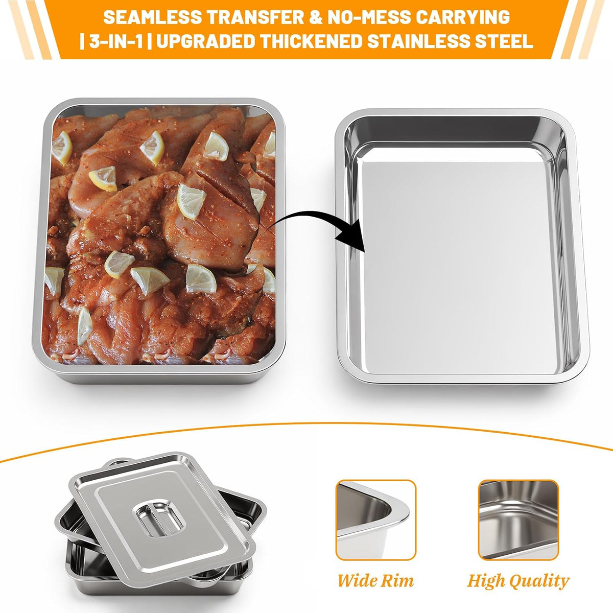 5pcs Grill Prep Trays Sets, Stainless Steel Grilling Prep and Serve Tray, Marinade Container with Lid, Thawing Board, Cutting Board, BBQ Grill Accessories, Grilling Gifts for Mens
