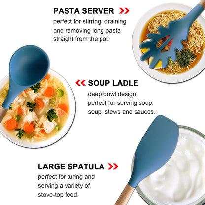 Kitchen Cooking Utensils Set, 6Pcs Silicone Kitchen Utensils Set Spatula Spoon Soup Ladle Turner, Heat Resistant Wooden Handle Silicone Cooking Gadgets for Nonstick Cookware & Baking BPA FREE