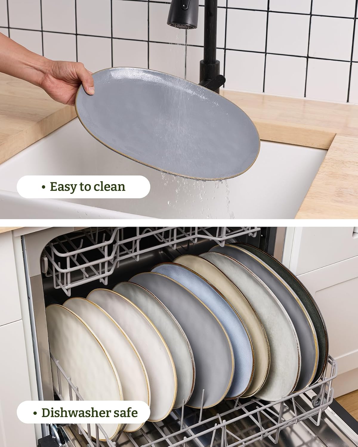 famiware Serving Platter, Oval 15.59/14.3/12.9inch Serving Dishes for Entertaining, Serving Bowls, Microwave Safe, Stoneware Serving Trays for Party, Food, Turkey, Cheese, Ocean Series, Vanilla White