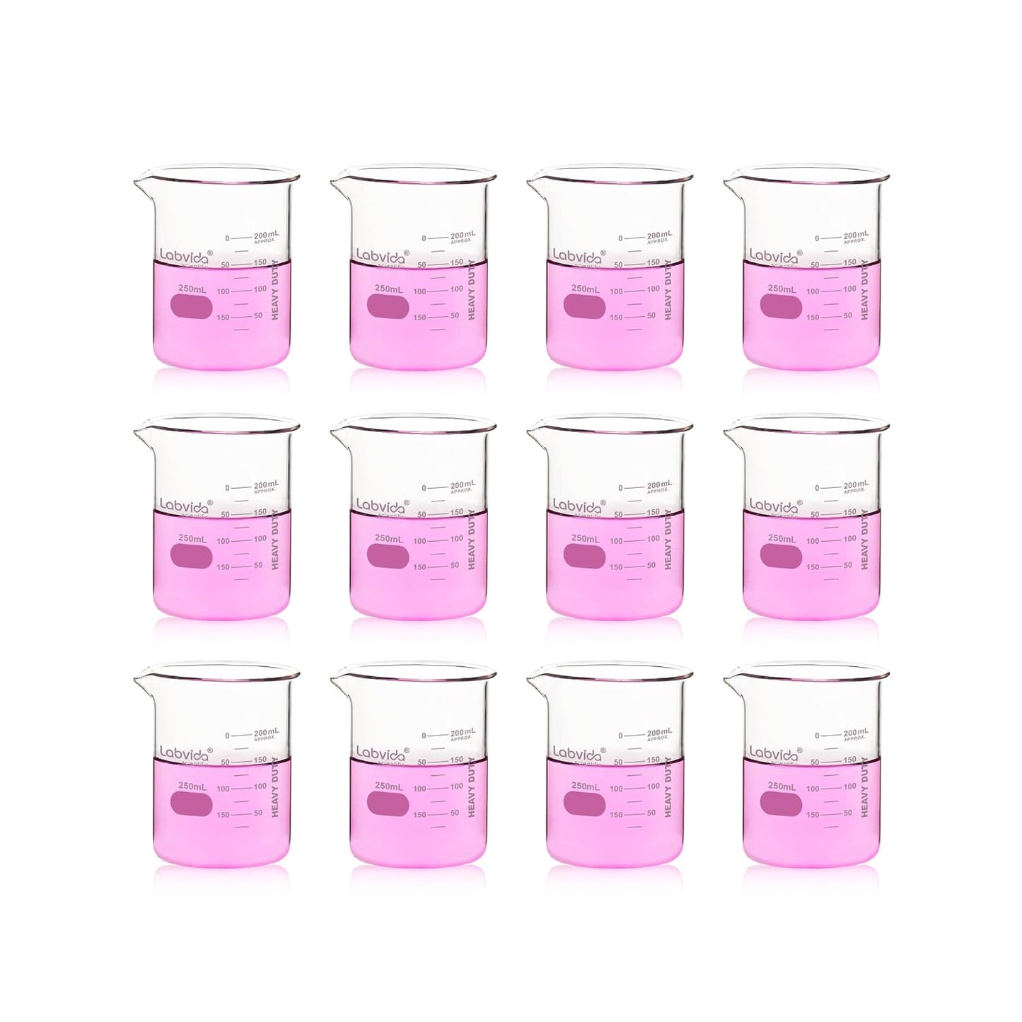 Upgrated 6 Size Low Form Glass Beaker Set, 25ml 50ml 100ml 250ml 500ml 1000ml, 3.3 Boro Glass beakers with Printed Graduation, LVA019