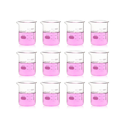 Upgrated 6 Size Low Form Glass Beaker Set, 25ml 50ml 100ml 250ml 500ml 1000ml, 3.3 Boro Glass beakers with Printed Graduation, LVA019
