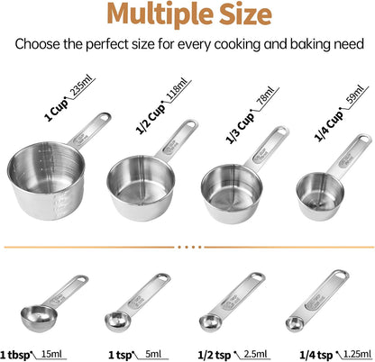 YC Kitchen Measuring Cups and Spoons Set, 8-Piece, Stainless Steel | Metal Handles, Stackable Design, for Dry and Liquid Ingredients - Dishwasher Safe for Cooking & Baking