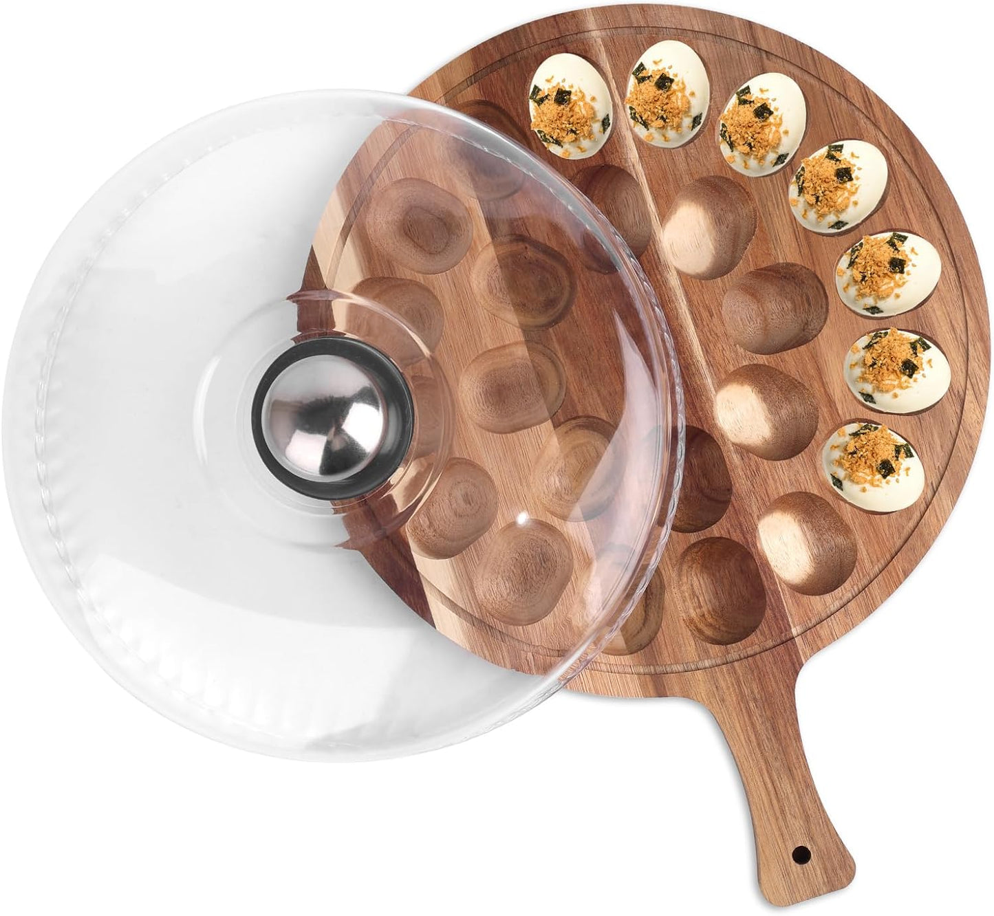 Deviled Egg Containers with Lid & Handle, Round 24 Holes Plate Wooden Carrier Deviled Egg Platter Serving Tray Food Containing Holder Dish for Home Party Supply