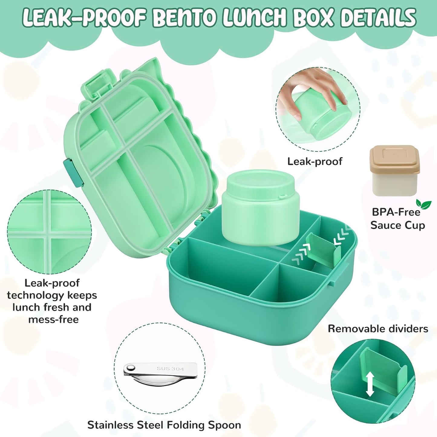 Lunch Box Kids, Leak Proof 5 Compartment Bento Box for Kids, 13oz Thermo for Hot Food Kids Lunch Box,Hot Lunch Box for School Travel
