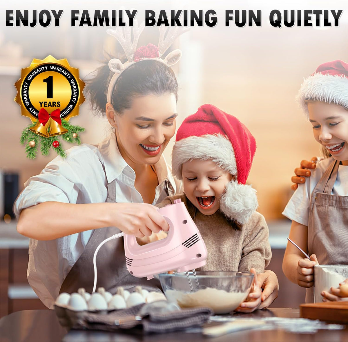 GUALIU Electric Hand Mixer, 304*(2* Beaters, 2* Dough Hooks), (1* Storage Bag) Handheld Mixer for Baking Cakes, Eggs, Cream Food Mixers, Turbo Boost /5 Speed Kitchen Blender PINK