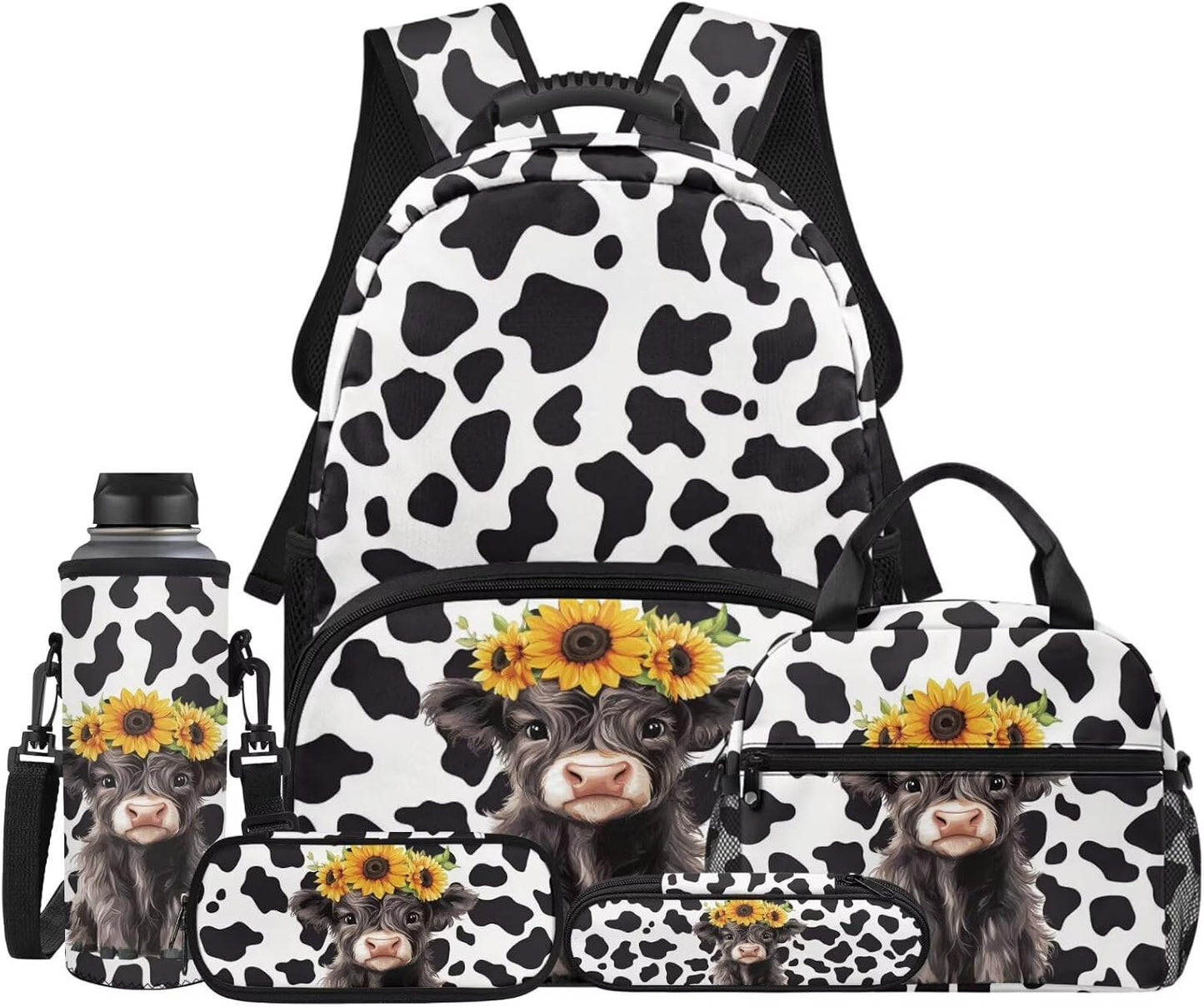 Highland Cow Backpack with Lunch Box Set for Kids Sunflower School Backpack for Girls Boys Back to School Bag Student Travel Backpacks Reusable Utensils Pen Case Water Bottle Bag 5PCS