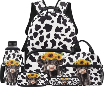 Highland Cow Backpack with Lunch Box Set for Kids Sunflower School Backpack for Girls Boys Back to School Bag Student Travel Backpacks Reusable Utensils Pen Case Water Bottle Bag 5PCS