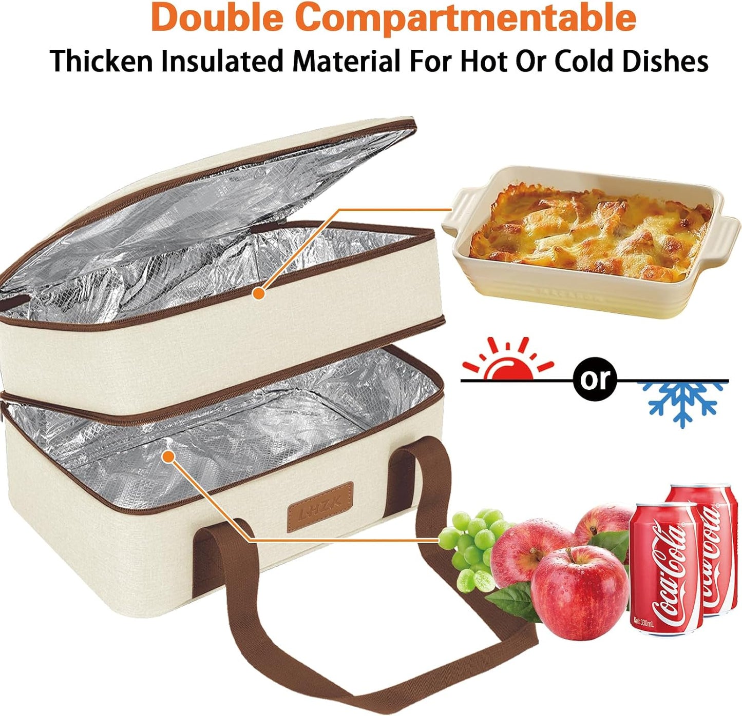 LHZK Double Decker Insulated Casserole Carrier for Hot or Cold Food, Expandable Hot Food Carrier, Lasagna Holder Tote for Potluck Parties, Picnic, Beach, Fits 11 x 15 or 9 x 13 Baking Dish (Black)