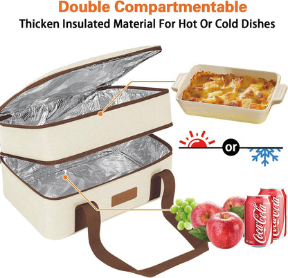 LHZK Double Decker Insulated Casserole Carrier for Hot or Cold Food, Expandable Hot Food Carrier, Lasagna Holder Tote for Potluck Parties, Picnic, Beach, Fits 11 x 15 or 9 x 13 Baking Dish (Black)