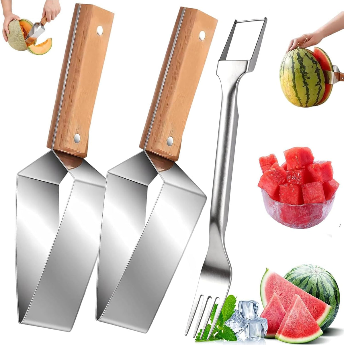 Upgrade Large Triangle Watermelon Cutter Stainless Steel Melon Slicer 2026 NEW Portable Watermelon Cutter with Wooden Handle, Fruitcutter Kitchen Gadgets for Watermelon Melon Apple Pineapple (#)
