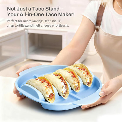 Silicone Taco Holders Set of 2, Reusable Taco Plates with 4-Shell Slots, Tacos Rack Holder Stands with Handle for Tortillas Party Serving, Family Dinner & Meal Prep Accessories(Dark Blue + White)