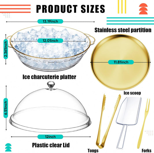 Baderke 11.8" Chilled Serving Tray for Parties with Compartments and lid Ice Chilled Party Platter Charcuterie Serving Board Cold Dish Dip for Fruit Seafood Vegetable Shrimp Cocktail(Silver,2 Pcs)