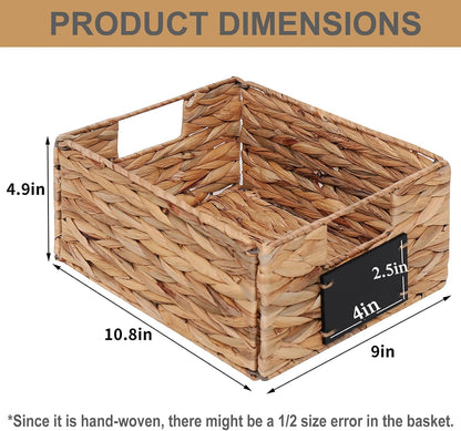 LYJWOO6D Water Hyacinth Storage Baskets Set of 4 Wicker Pantry Baskets,Hand-Woven Foldable Seagrass Organizers with Chalkboard Labels and Chalk Marker,Rectangular Shelf Basket for Organizing