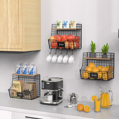 3 Pack Extra Large Fruit Basket for Kitchen with Wood Lid Nameplate - Counter&Wall Mounted Onion and Potato Storage Bin, Stackable Metal Hanging Wire Baskets,15.74 * 8.66 * 10.63 inch