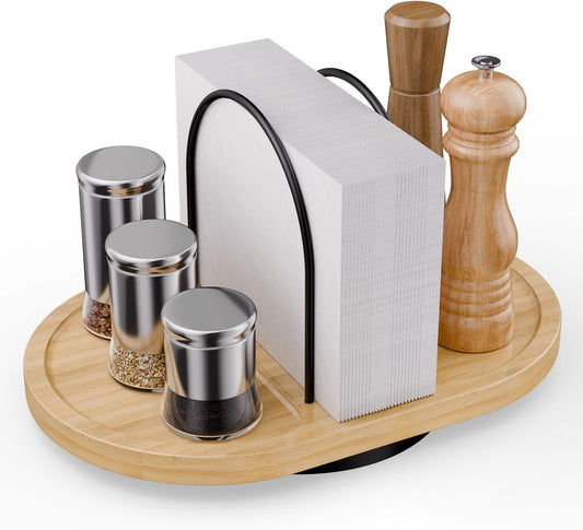 Primo Lines Rotating Napkin Holder for Table with Built-In Space for Salt and Pepper Shakers, Wooden Metal Caddy Rustic Table Organizer with 360 Degree Spin for Kitchen Decor and Accessories (Walnut)