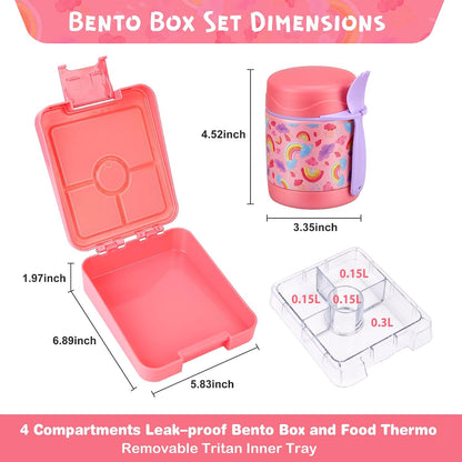Pawtong Bento Lunch Box Set With 10oz Soup Thermo, Leak-proof Lunch Containers with 4 Compartment, Kids Hot Thermo Food Jar/Insulation Lunch Bag, Food Containers for School（Dinosaur）