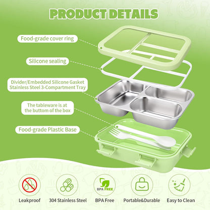 Kids Stainless Steel Bento Box, 3 Compartments Leakproof Lunch Box, Portable Food Storage Containers with Silicone Lids BPA-Free for Office, Picnics, Travel, Blue