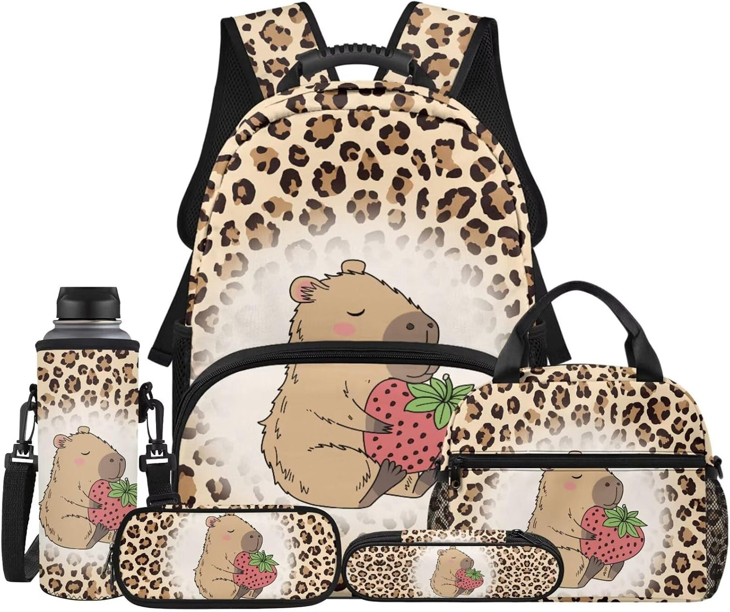 Highland Cow Backpack with Lunch Box Set for Kids Sunflower School Backpack for Girls Boys Back to School Bag Student Travel Backpacks Reusable Utensils Pen Case Water Bottle Bag 5PCS