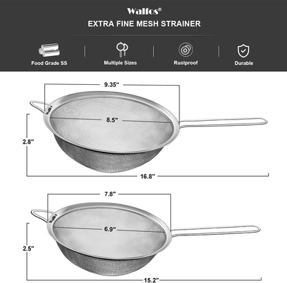 Walfos 6.3 Inch Fine Mesh Strainer, Premium Stainless Steel Sieve and Sifter with Handle, Kitchen Metal Strainers for Rice, Quinoa, Fruits, Noodles, Flour