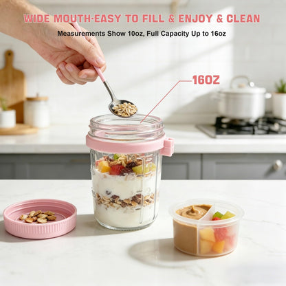 Overnight Oats Containers with Lids and Spoons - 4 Pack 16 oz Glass Mason Jars with Separate Compartments Airtight Overnight Oat Jars Leakproof Yogurt Parfait Cup for Oatmeal Chia Pudding Cereal Salad