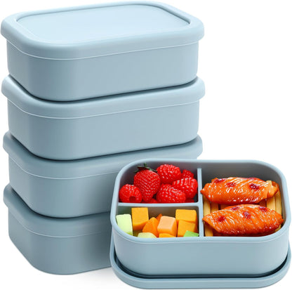 Honeydak 6 Pcs Silicone Bento Box Reusable Silicone Bento Lunch Container for Adults Microwave Dishwasher Freezer Safe 3 Compartment (Light Colors)