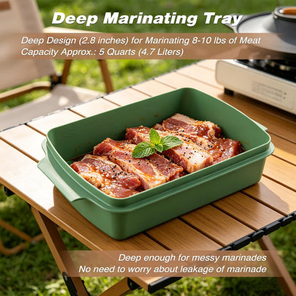 Sunmei Grill Prep and Serving Trays, 3-in-1 Stackable BBQ Food Tray, 5PCS BBQ Serving Set with Marinating Container, Serving Platter, Cutting Board and 2PCS Colored 12-Inch Grill Tongs (Green)