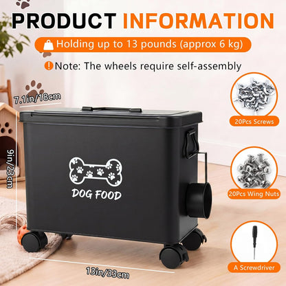 Moxweyeni Dog Food Container 13 lb Cute Airtight Food Storage Containers with Metal Lid Scoop Black Metal Storage Bin for Dog Cat with Wheels