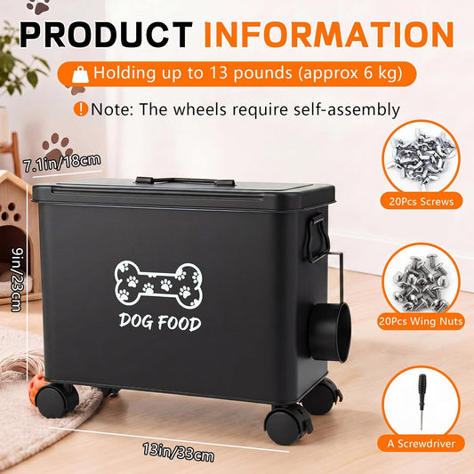Moxweyeni Dog Food Container 13 lb Cute Airtight Food Storage Containers with Metal Lid Scoop Black Metal Storage Bin for Dog Cat with Wheels