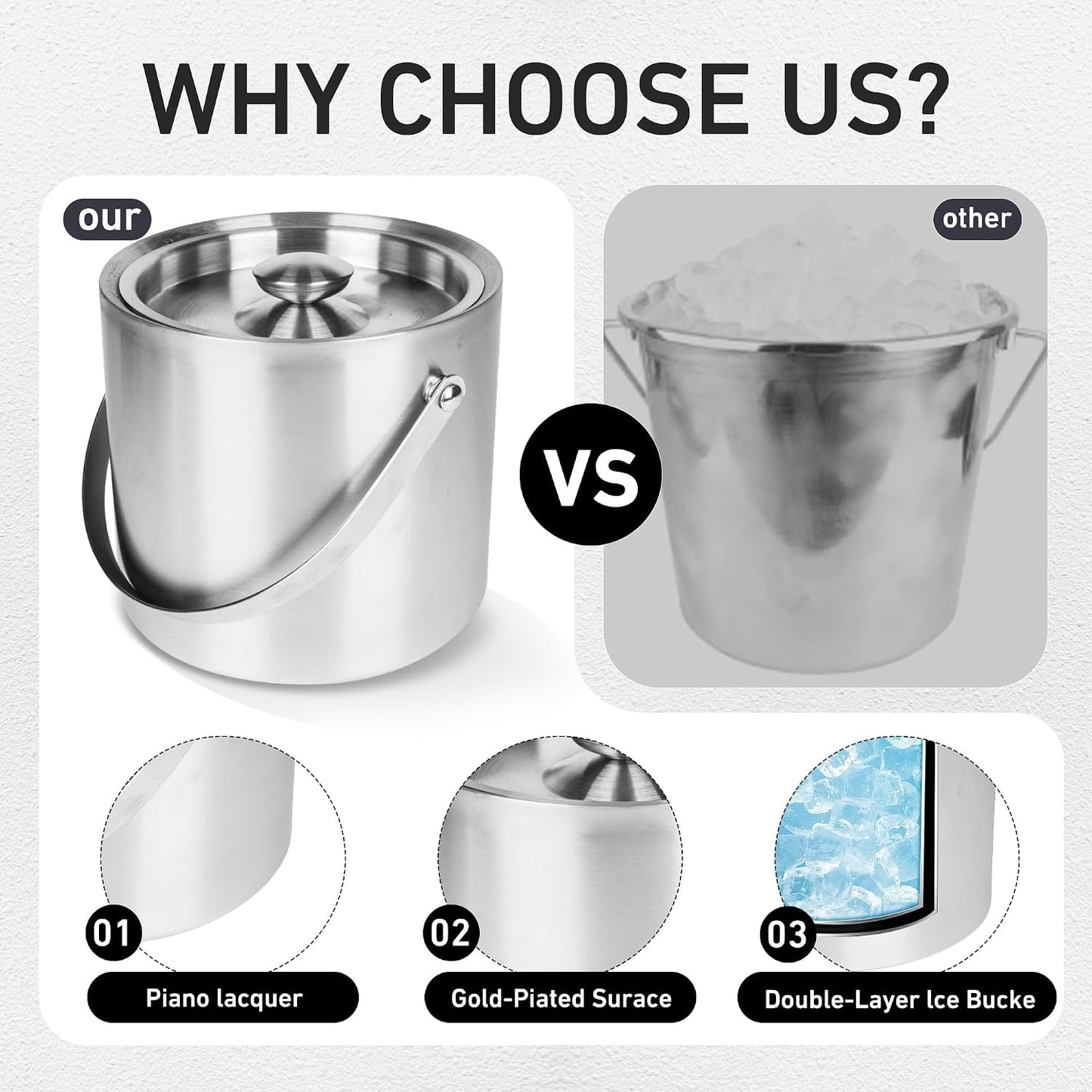 3L beige white Double Wall Insulated Stainless Steel Ice Bucket with scoop for Cocktail Bar,Metal Ice Bucket for freezer with Lid for parties.ice Container to Keep Ice Colder,bar cart accessories