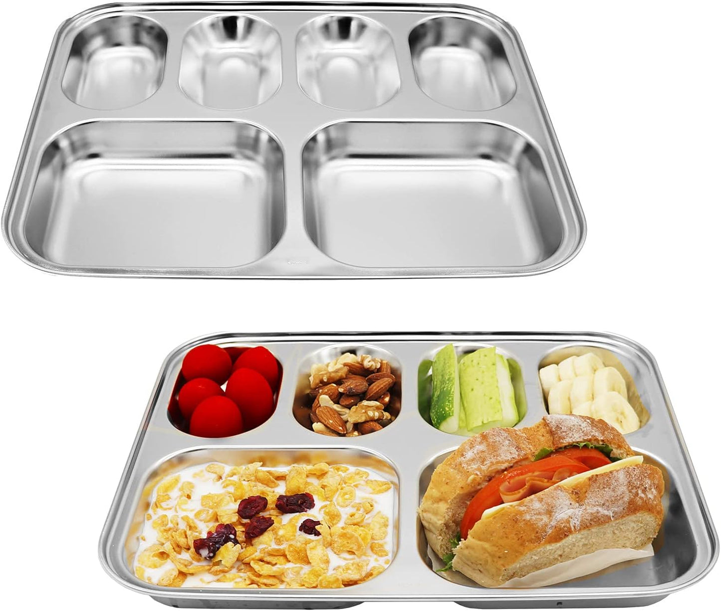 Korean Stainless Steel Divided Plates for Adults, Teens, Premium 304, Electro-Polished, No Black Residue, BPA-Free, Large 5-Compartment Food Tray, Diet Portion Control, Camping, Set of 2