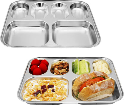Korean Stainless Steel Divided Plates for Adults, Teens, Premium 304, Electro-Polished, No Black Residue, BPA-Free, Large 5-Compartment Food Tray, Diet Portion Control, Camping, Set of 2