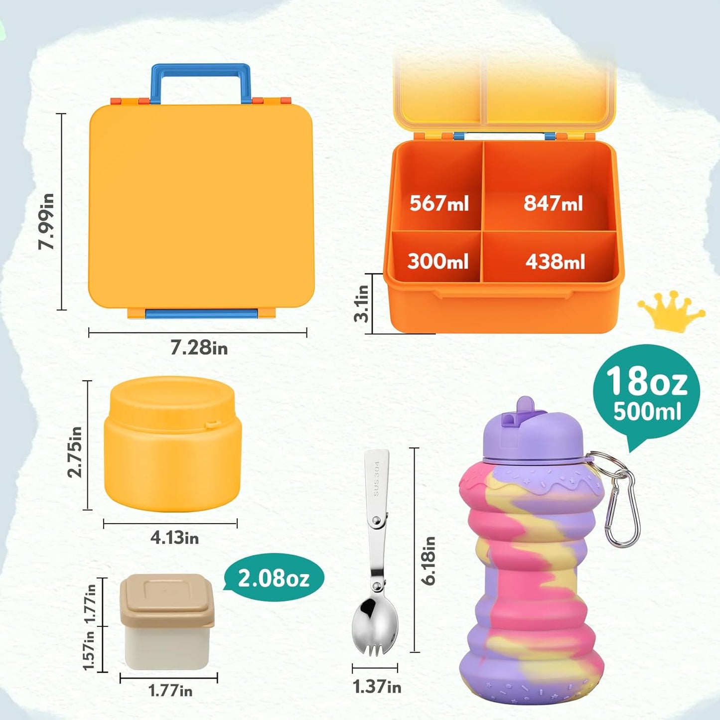 Lunch Box Kids, Leak Proof 5 Compartment Bento Box for Kids, 13oz Thermo for Hot Food Kids Lunch Box,Hot Lunch Box for School Travel