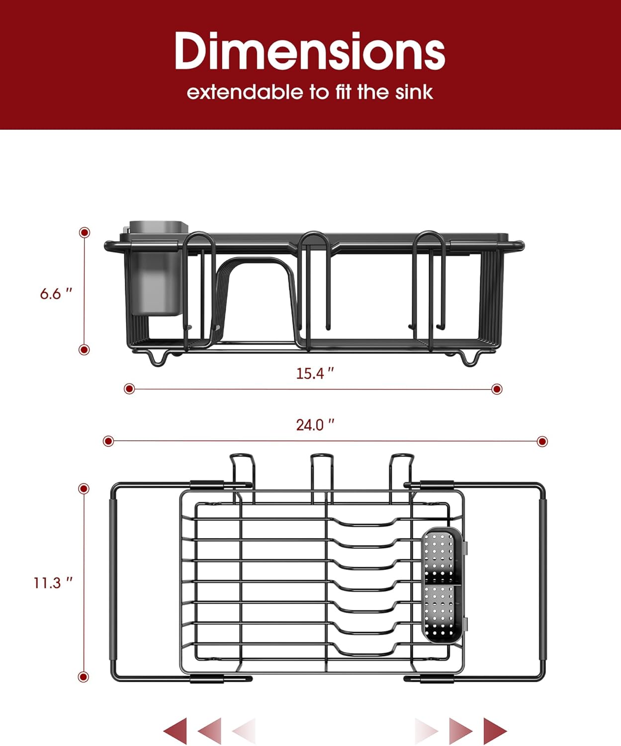 Sakugi Dish Drying Rack in Sink - Expandable Stainless Steel Dish Rack Over the Sink, Kitchen Sink Drain Strainer with Cutlery Holder & Cup Holders, 15.4 x 9.8 x 3.0 Inch, Black