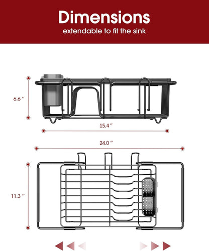Sakugi Dish Drying Rack in Sink - Expandable Stainless Steel Dish Rack Over the Sink, Kitchen Sink Drain Strainer with Cutlery Holder & Cup Holders, 15.4 x 9.8 x 3.0 Inch, Black