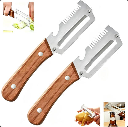 Elite Vegetable Peeler and Julienne Shredder Tool, Multifunctional Vegetable Peeler with Wooden Handle & Bottle Opener Grater 3 in 1 Kitchen Gadgets for Potatoes Carrots and Vegetables Fruits (2pcs)