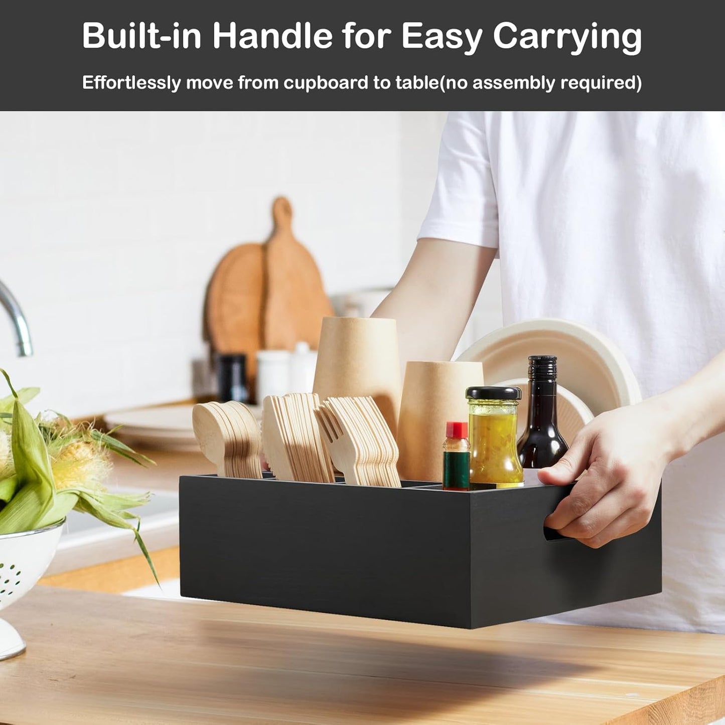 Acacia Wood Utensil Holder for Party, 6-Compartment Paper Plate and Silverware Organizer with Handles, Rustic Utensil Caddy for Parties, Outdoor Gatherings, and Kitchen Countertop Organization