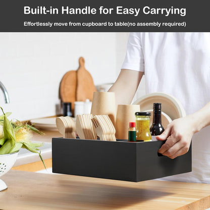 Acacia Wood Utensil Holder for Party, 6-Compartment Paper Plate and Silverware Organizer with Handles, Rustic Utensil Caddy for Parties, Outdoor Gatherings, and Kitchen Countertop Organization