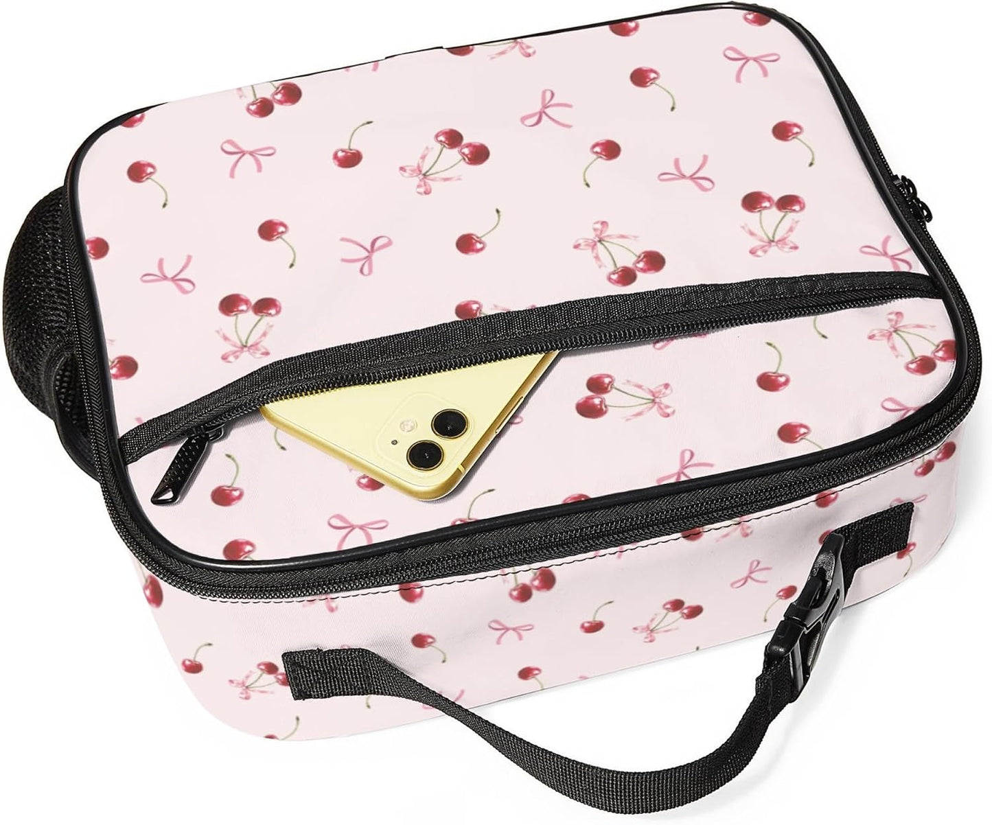 Large Lunch Box for Girls Insulated Lunch Bag with Water Bottle Holder Front Zipper Pocket Leakproof Waterproof Reusable Lunch Tote Bag for Work Picnic Camping Back to School (pink floral)