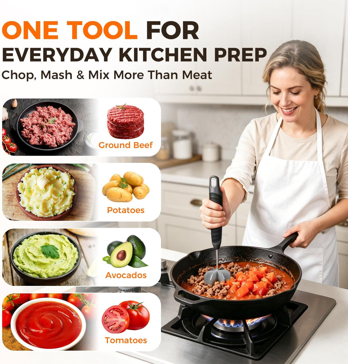 Meat Masher, 304 Stainless Steel Ground Beef Masher with Ergonomic Handle