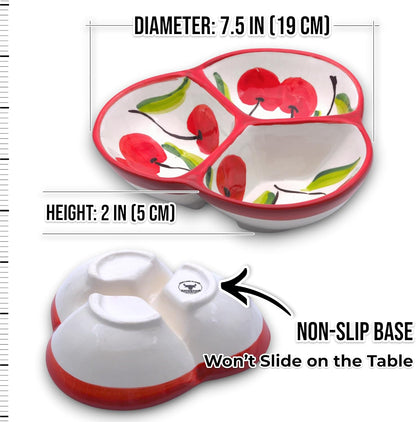 Ceramic Chip & Dip Bowl 7.5”, 3-Compartment Divided Serving Dish & Condiment Tray for Appetizers – Handmade in Spain, Lead-Free Glaze, Microwave, Oven & Dishwasher Safe