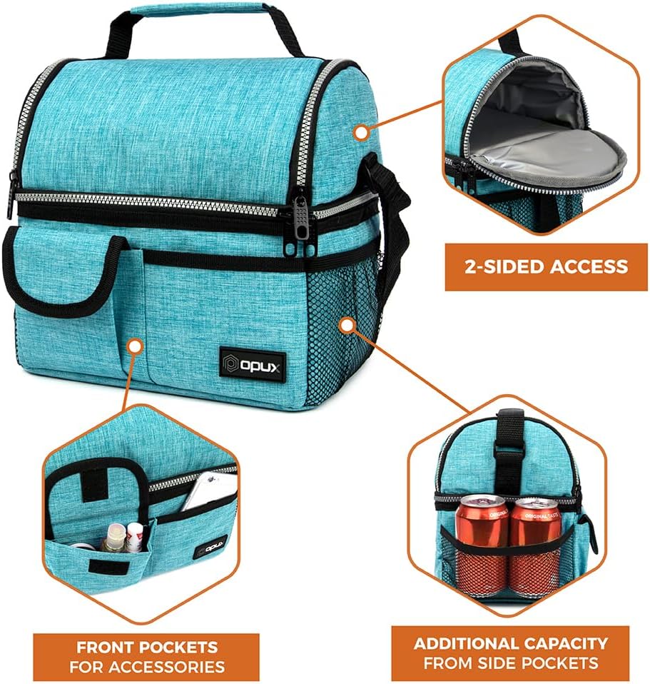 opux Insulated Lunch Bag Women Men, Dual Compartment Leakproof Lunch Box Adults Kids, Double Decker Meal Prep Bento Lunch Cooler Tote with Shoulder Strap for Work Office School Travel, Floral Purple