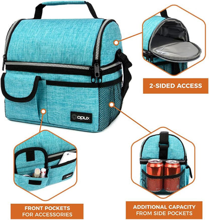 opux Insulated Lunch Bag Women Men, Dual Compartment Leakproof Lunch Box Adults Kids, Double Decker Meal Prep Bento Lunch Cooler Tote with Shoulder Strap for Work Office School Travel, Floral Purple