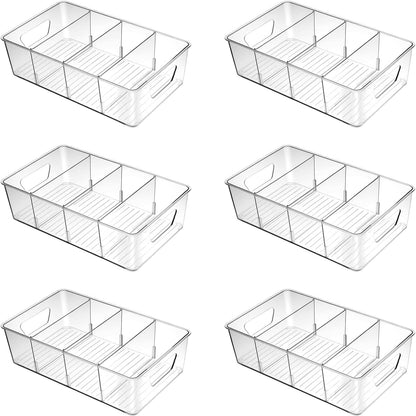 6 Pack Pantry Organizers and Storage, Clear Plastic with 3 Removable Dividers, for Tea Bag, Snack, Seasoning Organizer – BPA Free Perfect in Pantry and Fridge